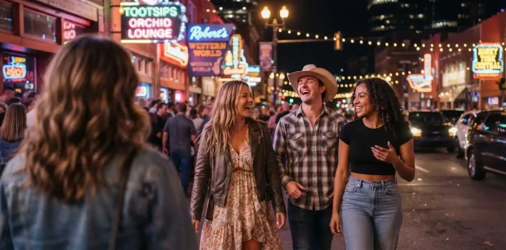 Friends laughing together on Broadway Nashville