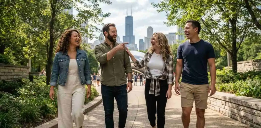 Friends laughing together in Chicago park