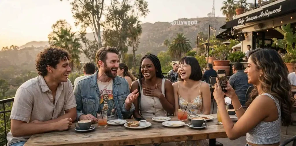Friends laughing during a Hollywood photo