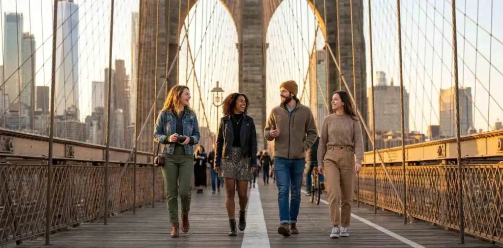 Friends exploring Brooklyn Bridge together