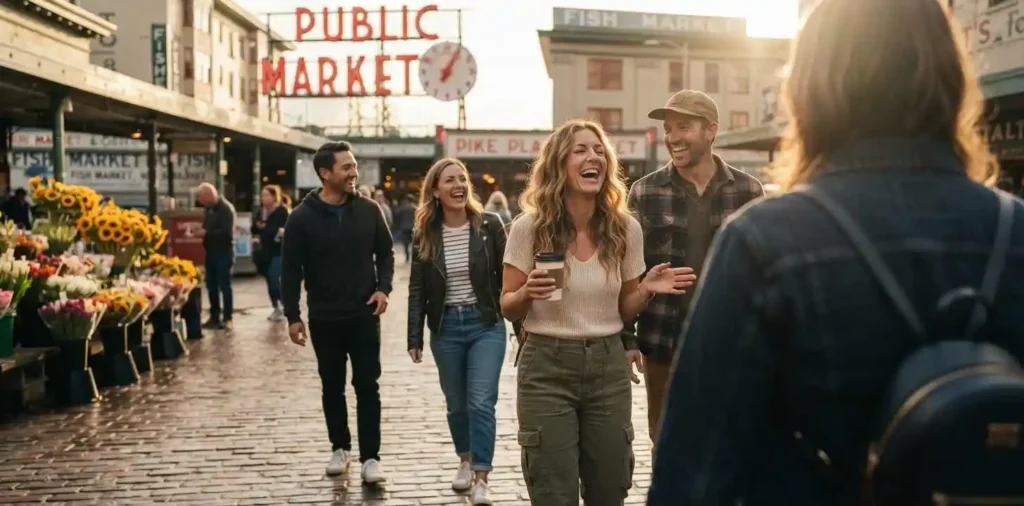 Friends laughing together at Seattle market