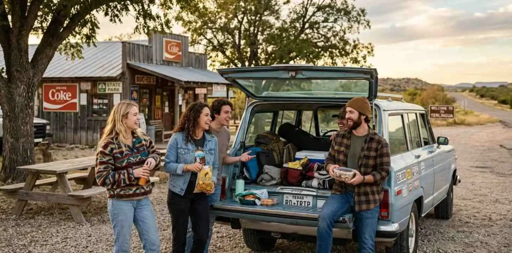 Friends laughing together on a Texas road trip