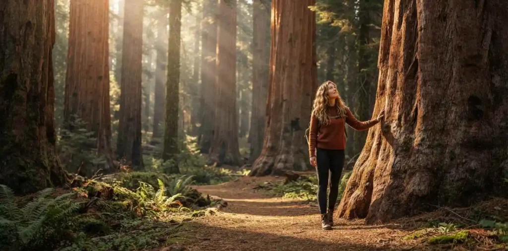 Travelers admiring towering giant sequoia trees