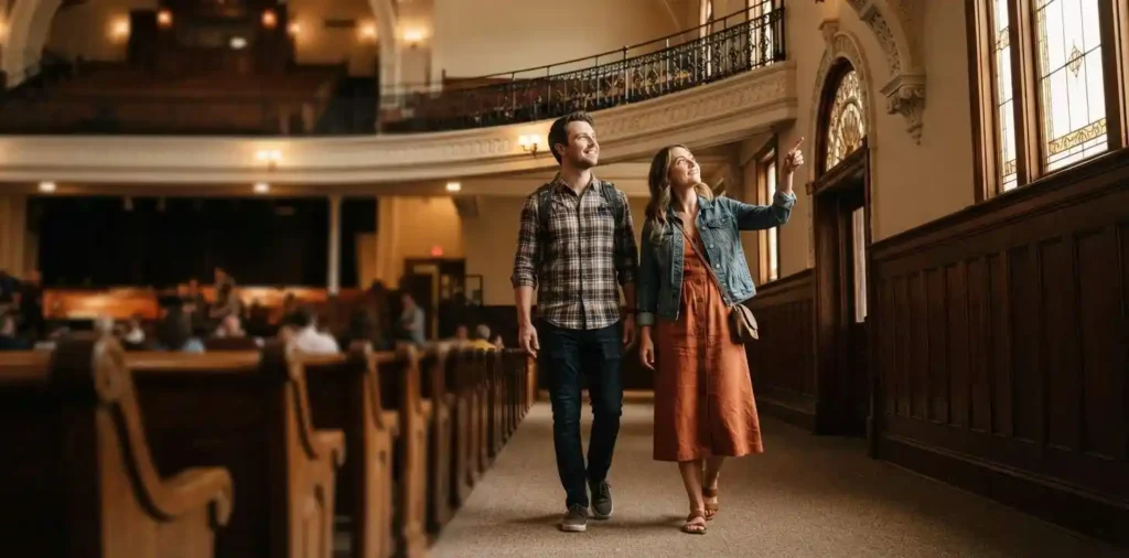 Visitors exploring the historic auditorium interior