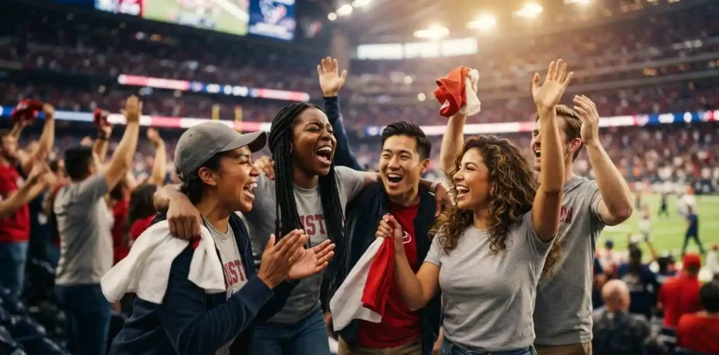 Friends celebrating at a Houston sports game