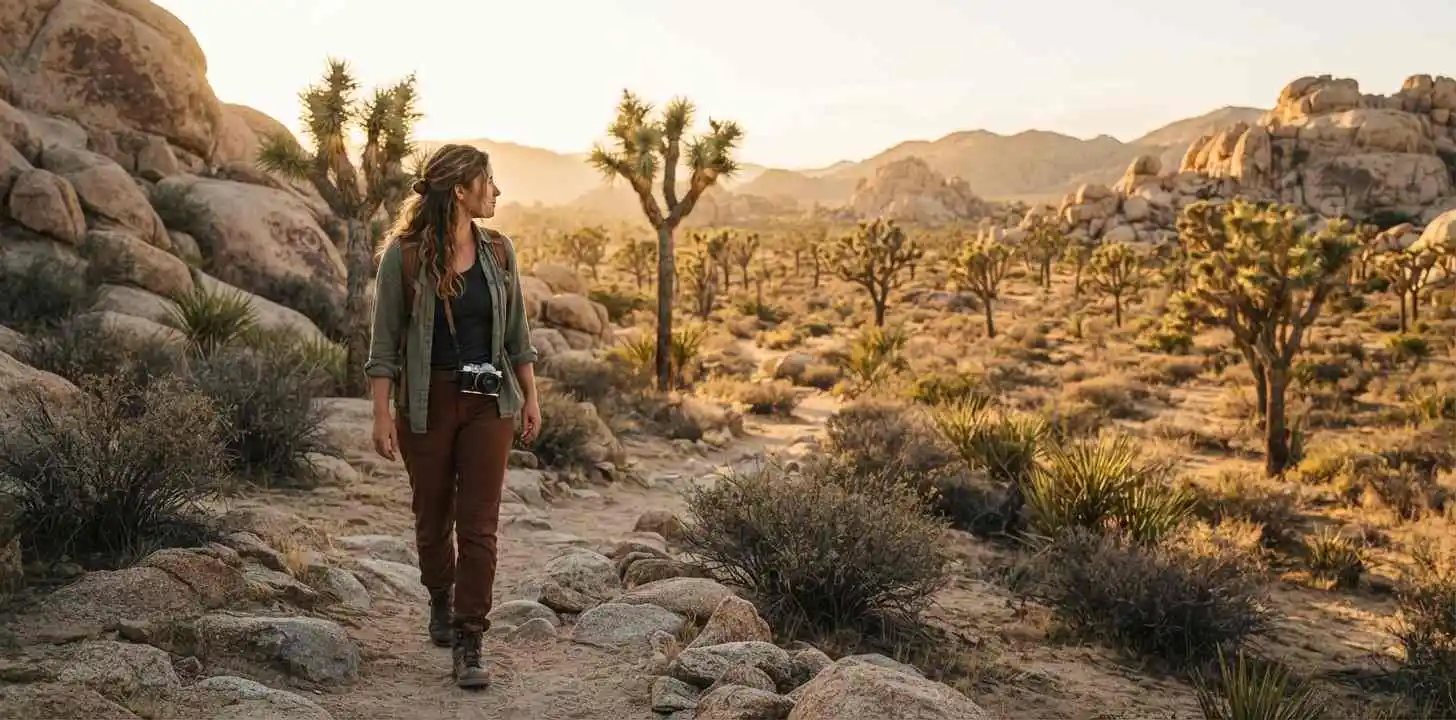 Traveler exploring Joshua Tree desert at golden hour