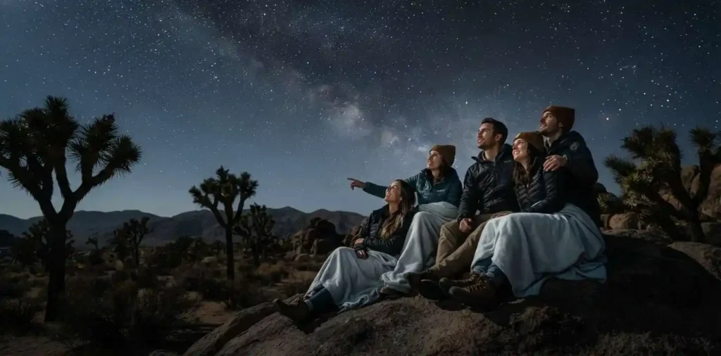 Friends stargazing beneath Joshua Tree night sky
