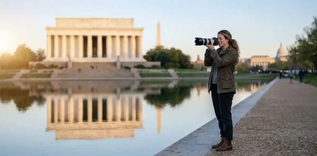Photographer capturing Lincoln Memorial architecture