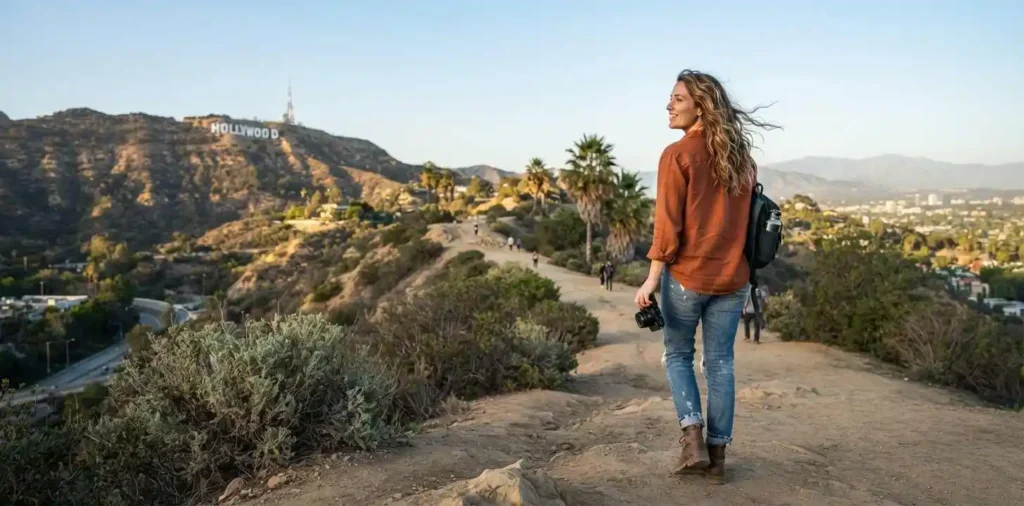 Friends exploring Los Angeles near the Hollywood Sign