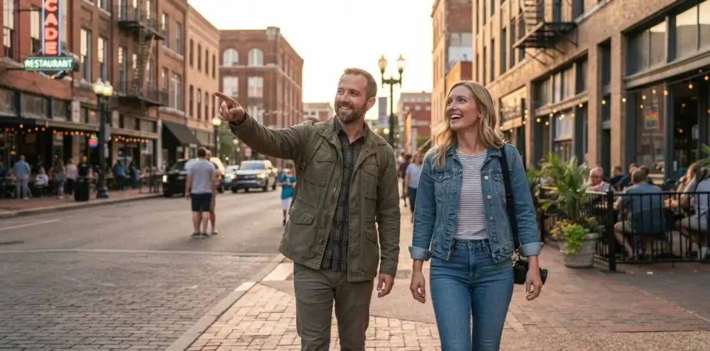 Travelers exploring Memphis streets at golden hour