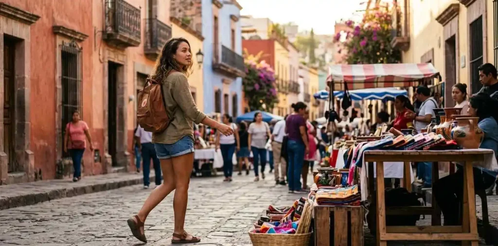 Traveler exploring colorful Mexico coastal streets