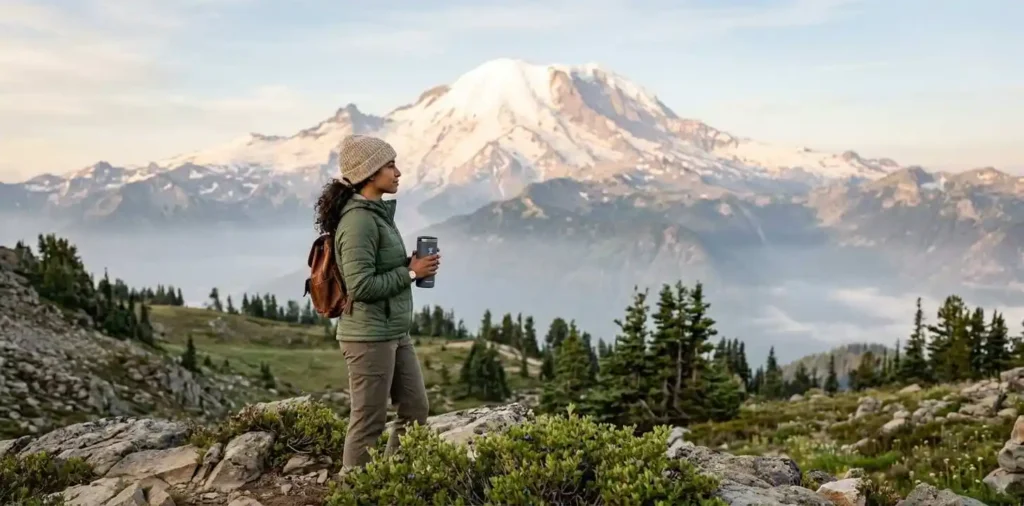 Traveler admiring Mount Rainier mountain landscape