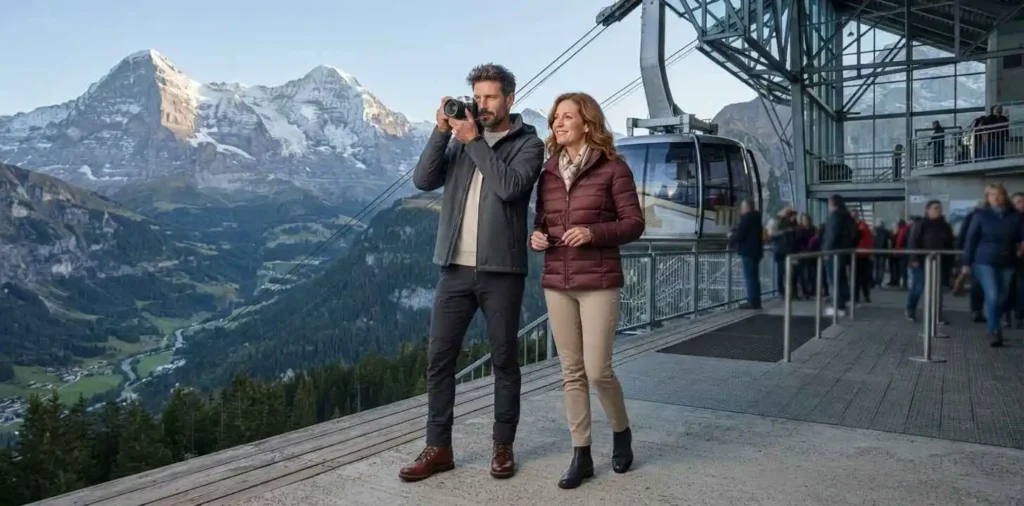Travelers admiring mountain views from cable car