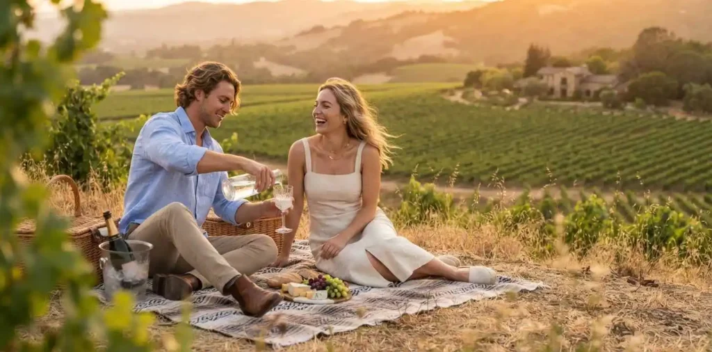 Couple sharing a romantic vineyard picnic
