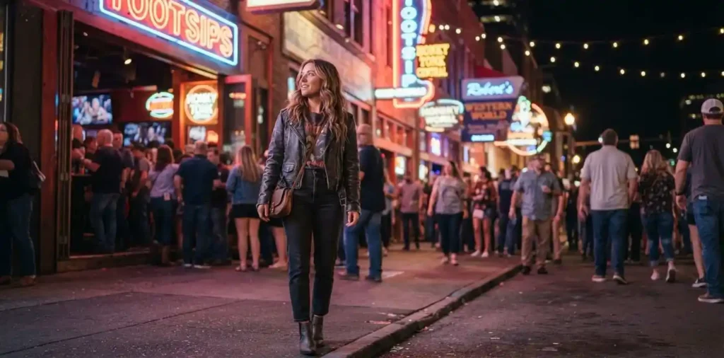 Friends experiencing Nashville nightlife after sunset