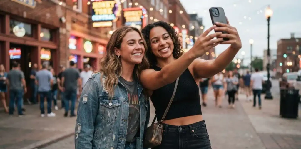 Traveler exploring Nashville near a historic music venue