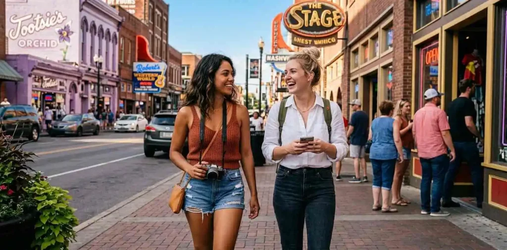 Friends exploring Nashville during a sunny afternoon