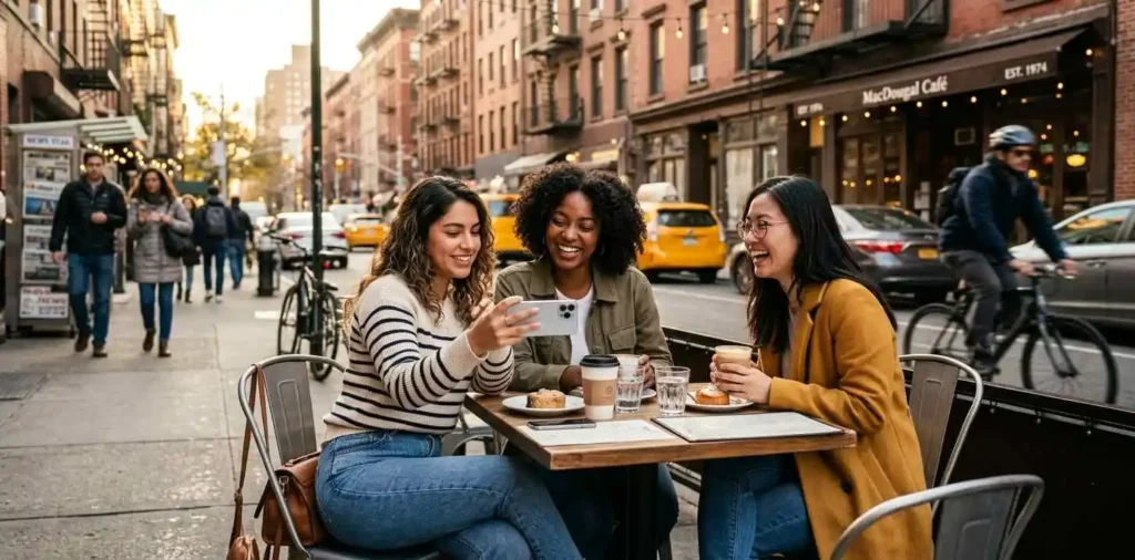 Friends enjoying a candid NYC street moment
