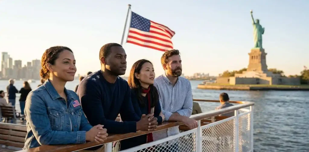 Visitors viewing Lady Liberty from waterfront