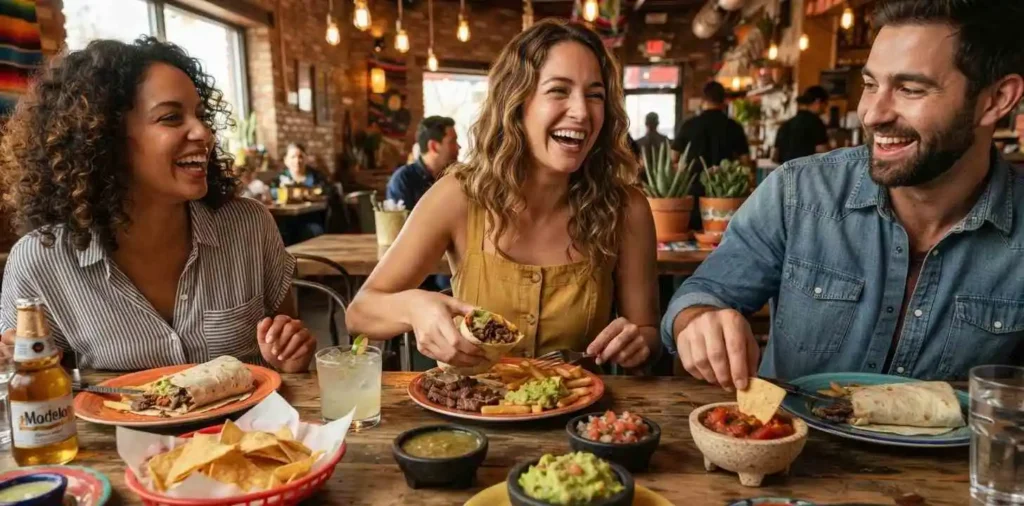 Friends sharing California burritos at dinner
