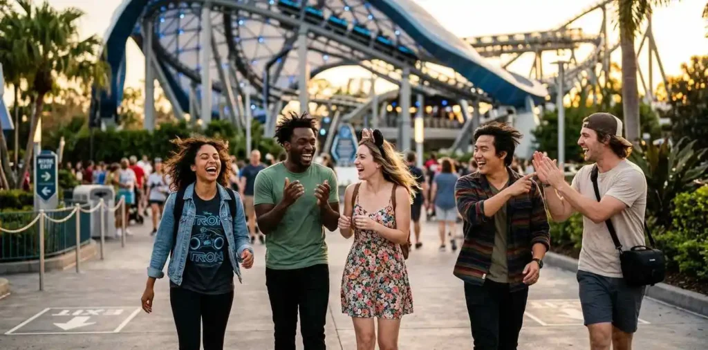 Friends celebrating after an exciting theme park ride