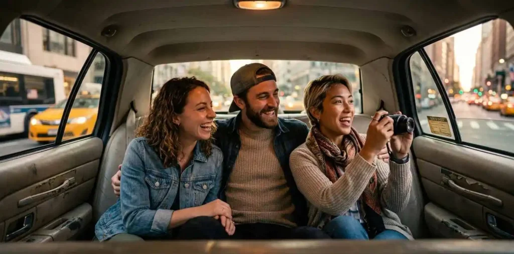 Friends riding together in yellow taxi