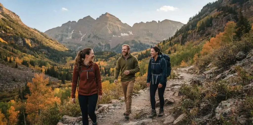 Friends hiking through Rocky Mountain scenery