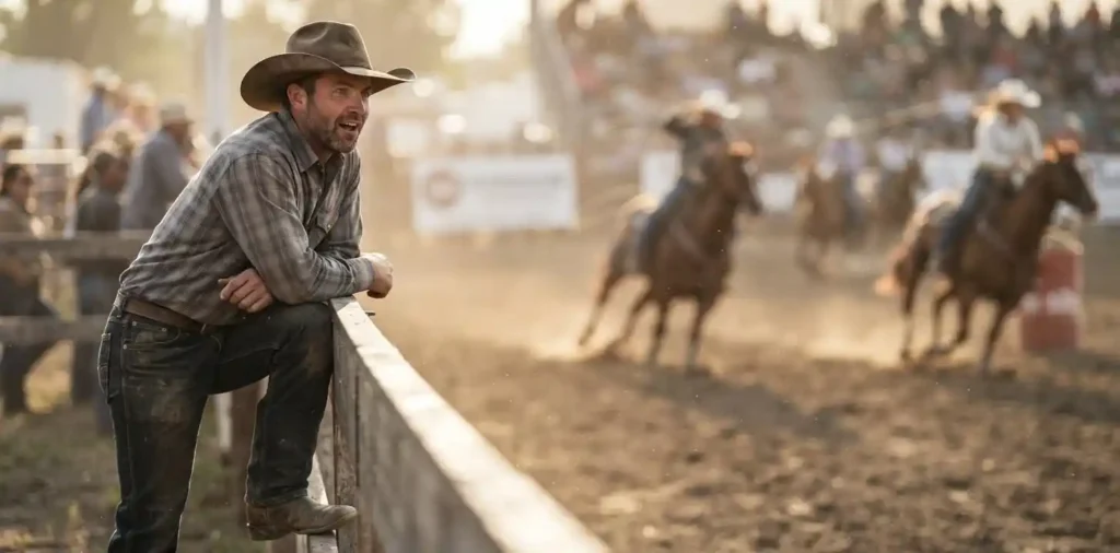 Cowboy watching a lively rodeo arena