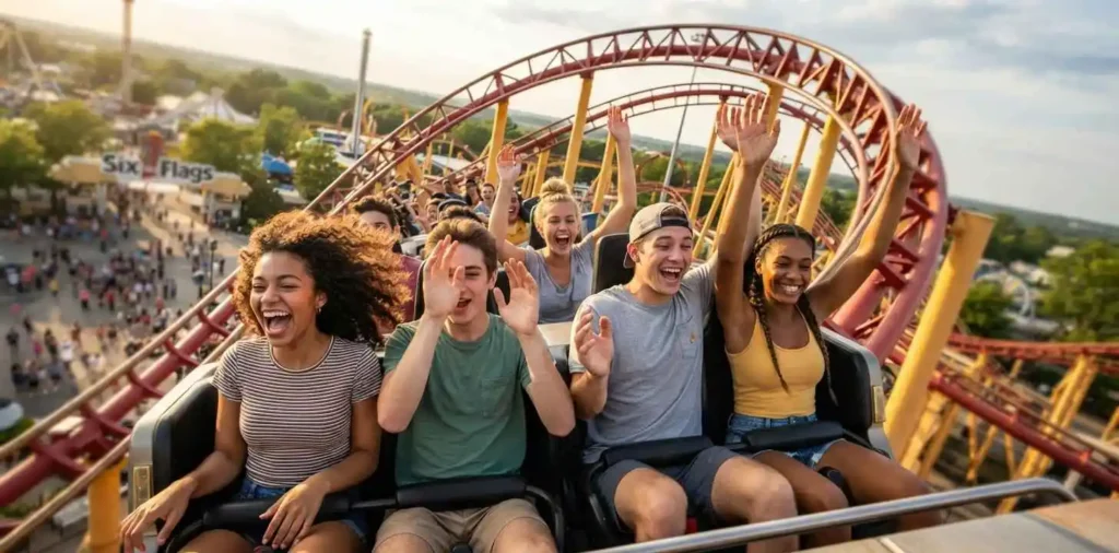 Friends enjoying a thrilling roller coaster ride