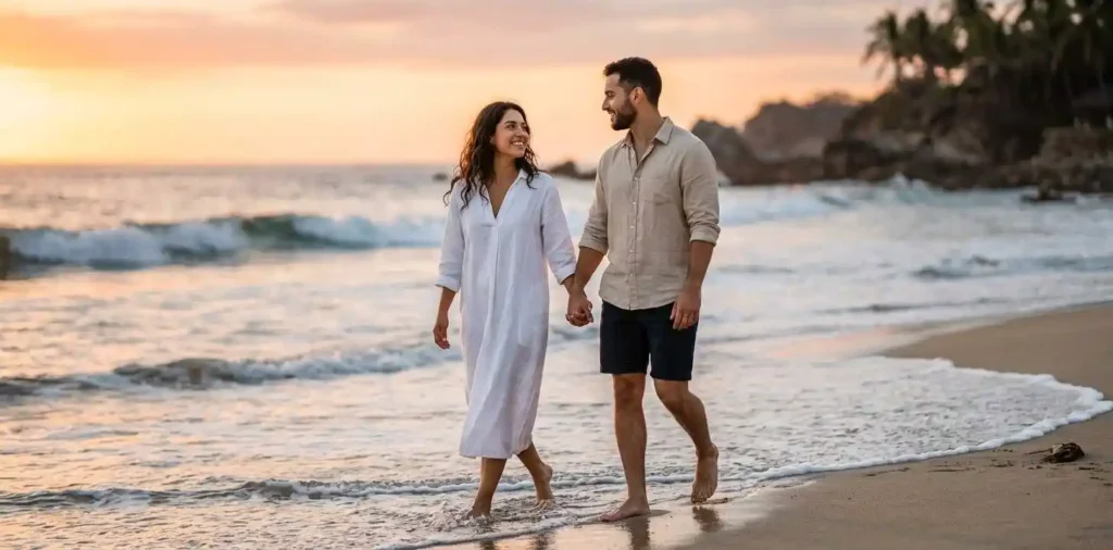 Couple sharing a romantic beach sunset