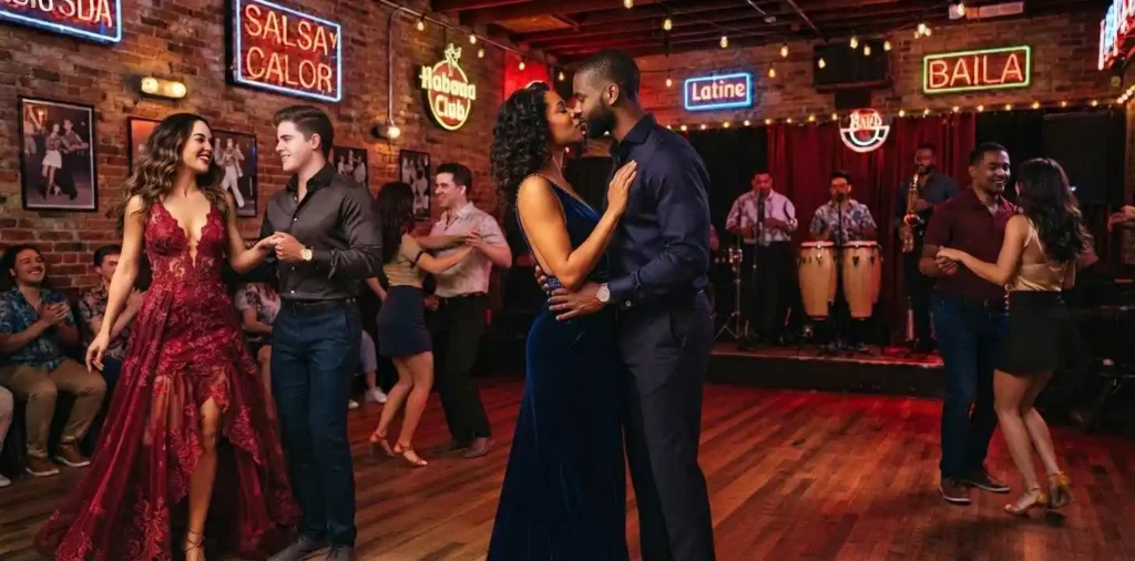 Friends dancing together at salsa party