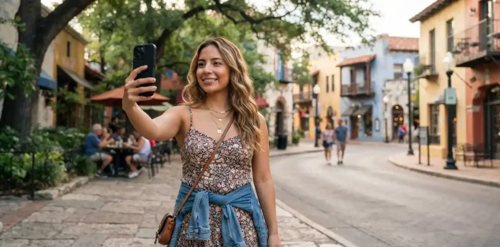 Traveler taking selfie in San Antonio