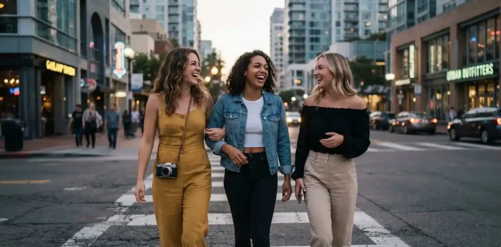 Friends exploring downtown San Diego streets