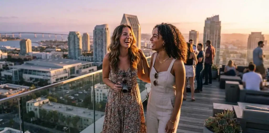 Friends sightseeing together in downtown San Diego