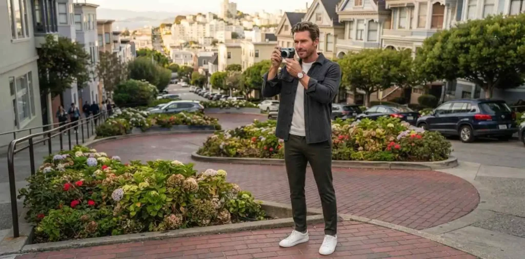 Stylish traveler exploring Lombard Street