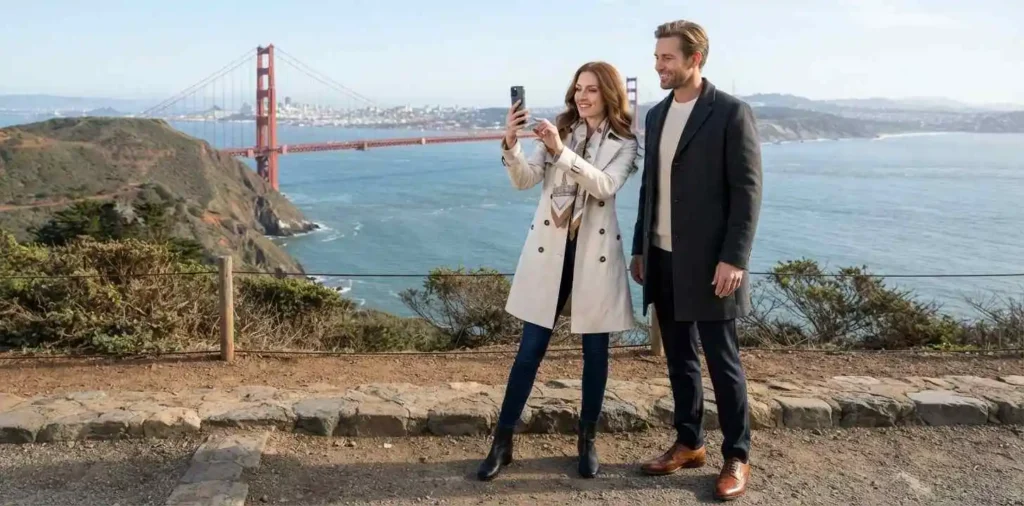 Stylish travelers viewing Golden Gate Bridge