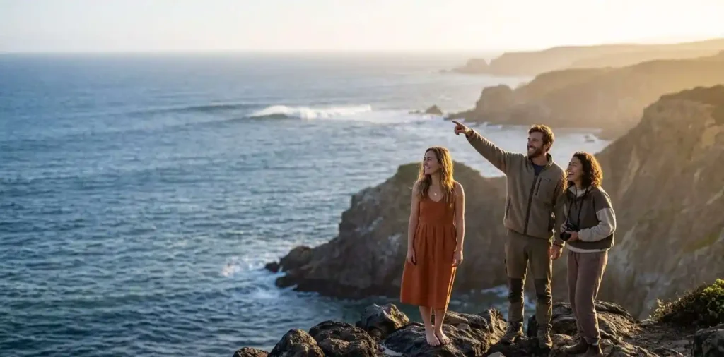 Friends admiring a scenic Pacific Ocean view