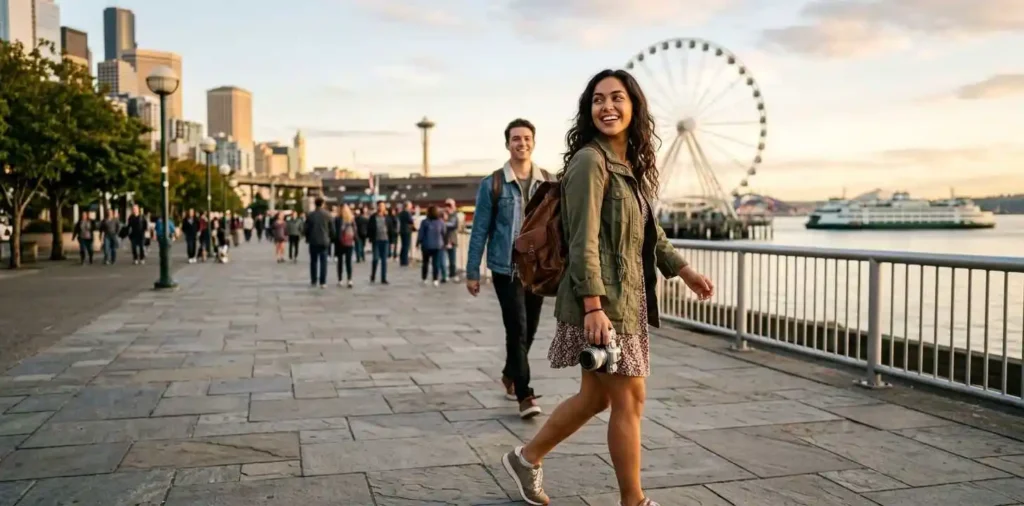 Friends exploring Seattle waterfront at golden hour