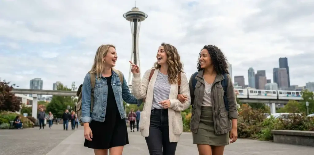 Friends exploring Seattle near the Space Needle