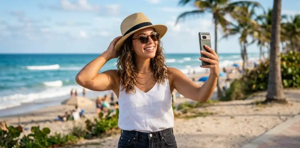 Woman taking a Florida beach vacation selfie