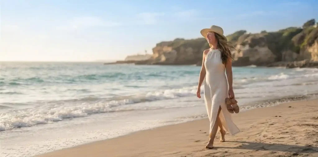 Woman walking barefoot along a California beach