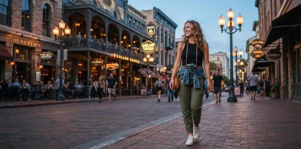 Traveler walking through Gaslamp Quarter at dusk