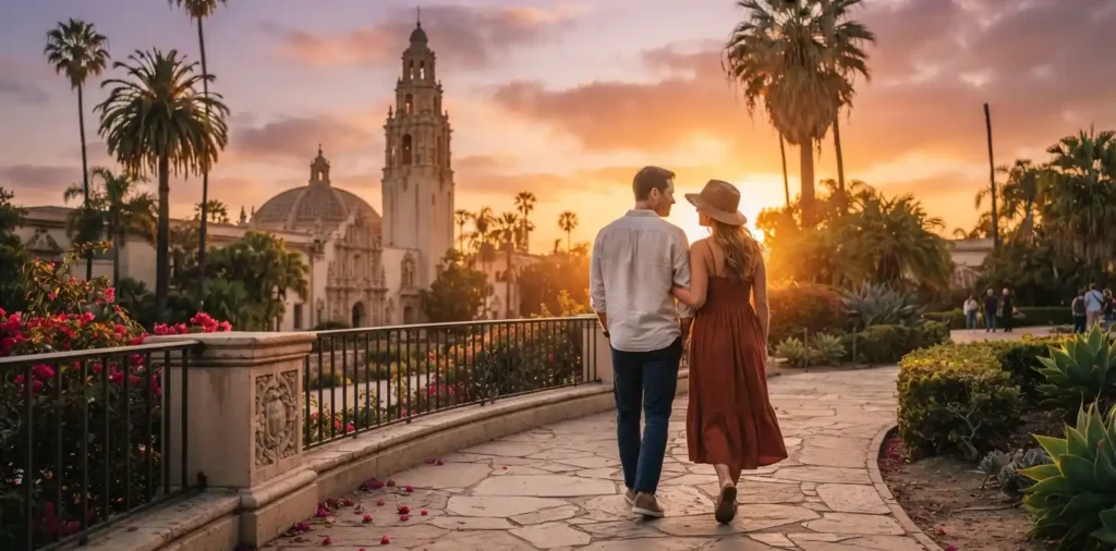 Couple watching sunset beside Balboa Park