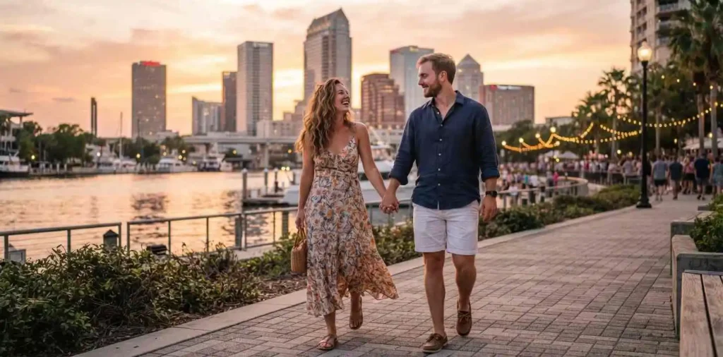 Couple enjoying a romantic Tampa waterfront evening