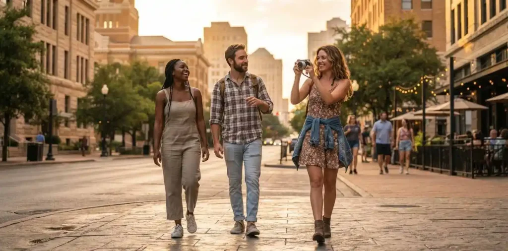 Travelers exploring Fort Worth downtown streets