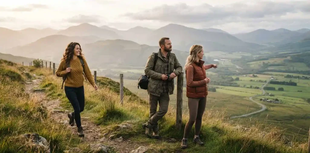 Friends exploring a scenic countryside viewpoint