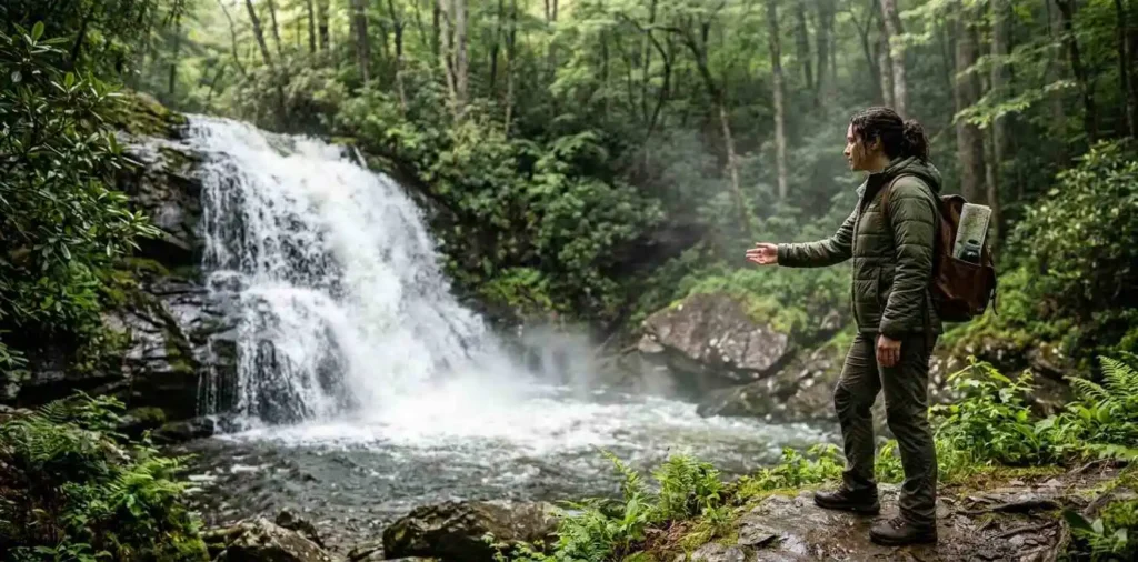 Hiker admiring a Tennessee waterfall
