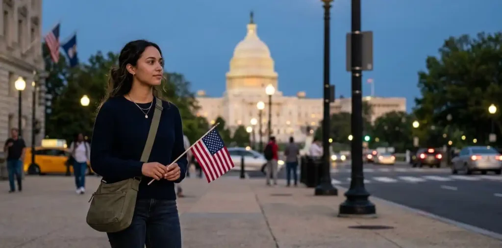 Traveler holding American flag near Capitol