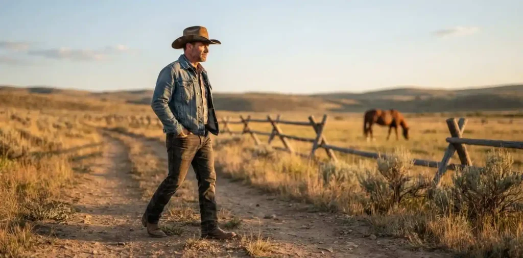 Cowboy walking through an open country ranch