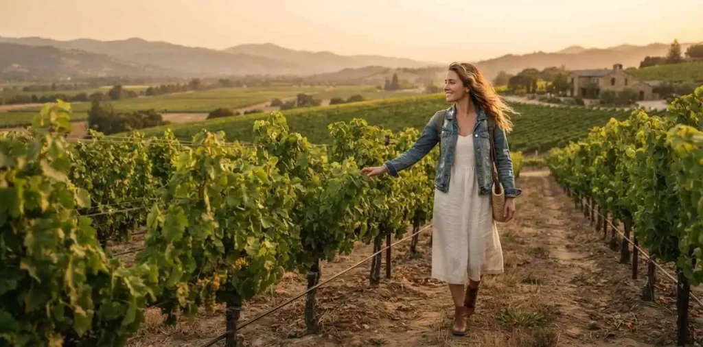 Traveler walking through Napa Valley vineyard rows